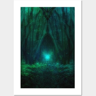 Special processing. Trail to the dark forest, where monster live. There light there. Aquamarine. Posters and Art